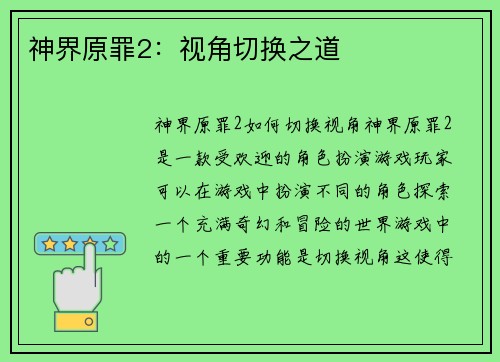 神界原罪2：视角切换之道