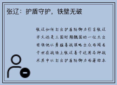 张辽：护盾守护，铁壁无破